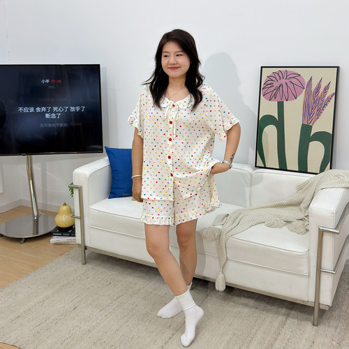 宛宛大码短袖睡衣夏季冰丝薄款套装凉感开衫胖mm可外穿女孩家居服