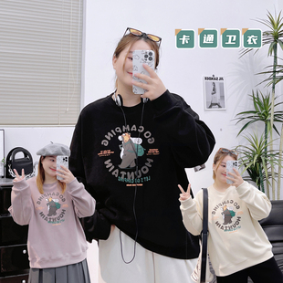 特大码 200斤慵懒风印花圆领卫衣女秋冬胖mm宽松显瘦德绒套头上衣