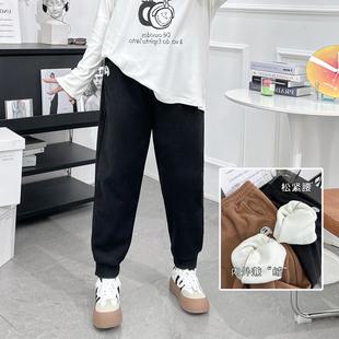 子 女秋冬加绒宽松黑色显瘦灯笼休闲卫裤 宛宛家大码 胖mm束脚运动裤