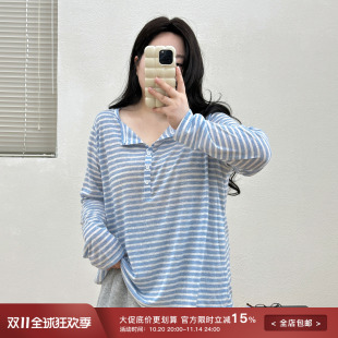 针织上衣秋季 韩系气质条纹罩衫 胖mm宽松遮肉显瘦t恤 女装 宛宛大码