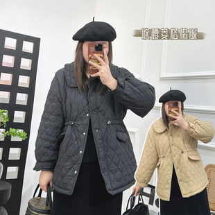 女装 2023年冬季 菱格立领收腰抽绳大码 保暖外套胖MM中长款 棉服 新款