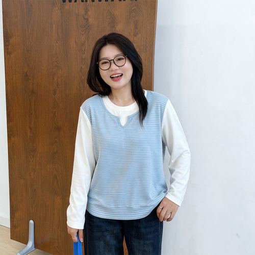 宛宛大码女装韩系针织拼接假两件t恤秋季胖mm遮肚显瘦上衣打底衫