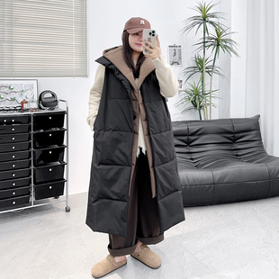 棉衣200斤胖mm中长款 大码 保暖连帽拼色无袖 新款 棉马甲 2023秋冬款