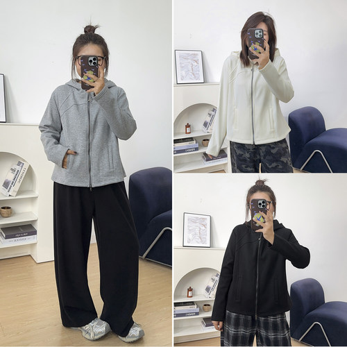 宛宛大码女加绒lu家修身连帽开衫休闲卫衣秋冬季运动显瘦外搭长袖