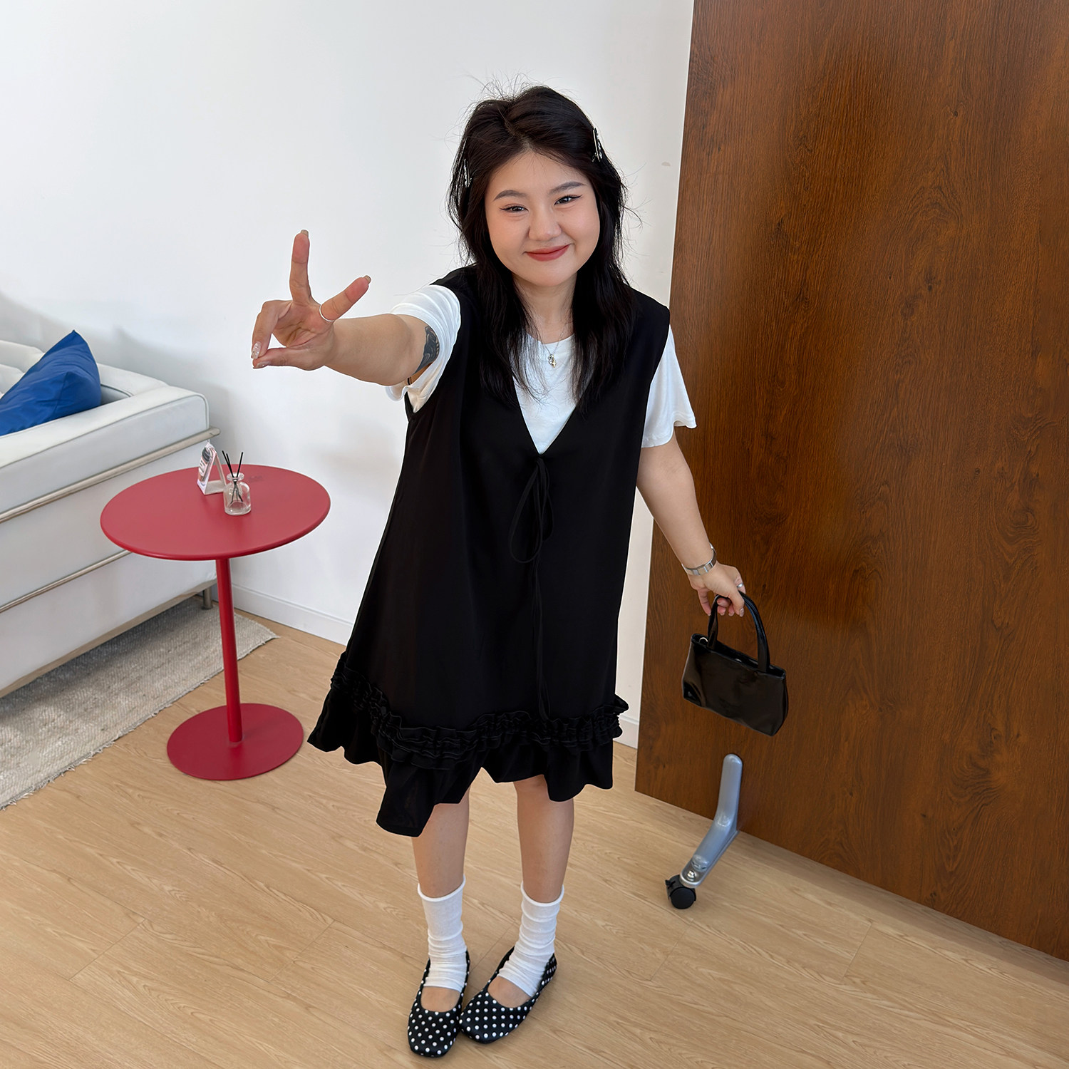 宛宛大码女装宽松休闲200斤胖mm花边减龄背带裙百搭短袖两件套女