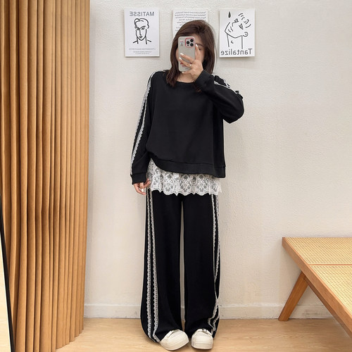 宛宛大码女装胖mm圆领长袖卫衣+蕾丝拼接阔腿裤2026秋季显瘦套装