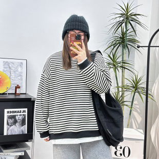 大码 200斤胖妹妹宽松慵懒圆领假两件条纹上衣 女加绒卫衣春秋新款