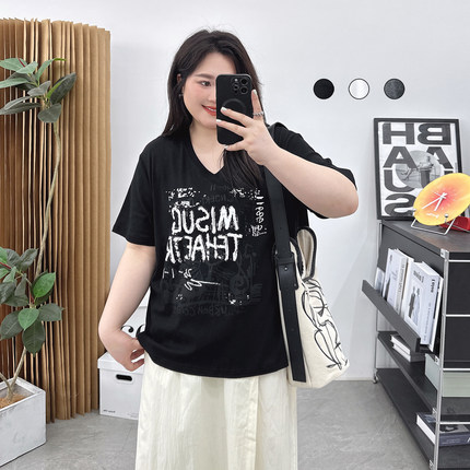 大码复古风棉T恤女夏季ins新款宽松透气胖mm显瘦短袖遮肚子上衣