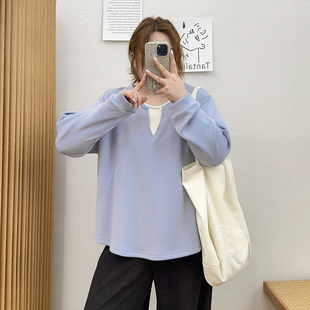 胖mm宽松显瘦独特长袖 宛宛大码 新款 假两件卫衣女2025秋季 上衣 韩版