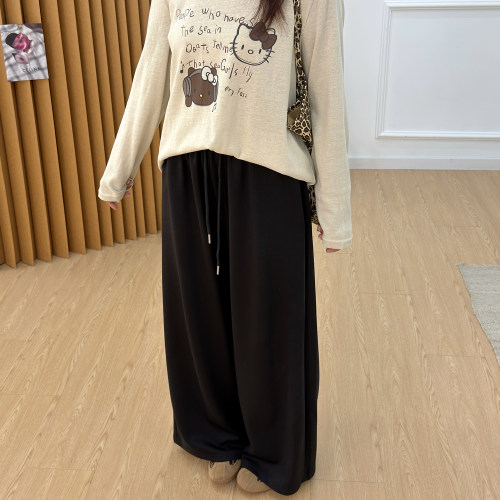 宛宛大码春秋黑色棉质阔腿裤女直筒长裤显瘦宽松胖MM高腰拖地卫裤