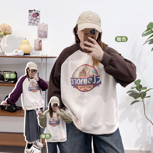 上衣潮 宽松胖mm加绒插肩袖 宛宛大码 港味复古印花圆领卫衣女秋冬季