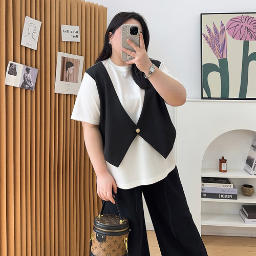 大码女装胖mm200斤法式气质高级感衬衫春夏款马甲假两件上衣套装