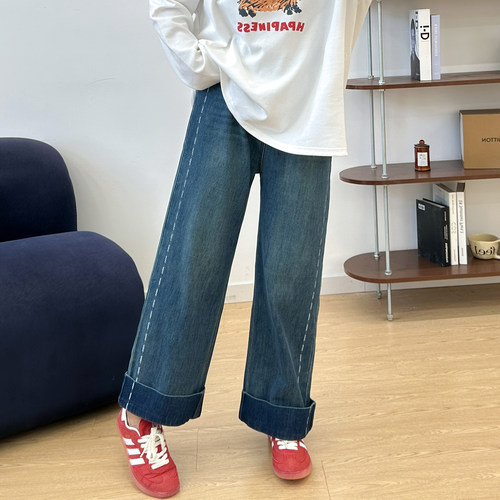 宛宛大码早秋九分直筒牛仔裤女胖mm梨形身材高腰宽松显瘦阔腿裤子
