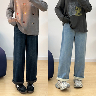 子 女梨形身材高腰显瘦阔腿九分裤 宛宛大码 秋冬胖MM加绒直筒牛仔裤