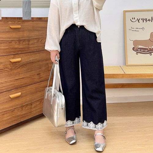 大码蕾丝拼接牛仔裤女夏胖mm