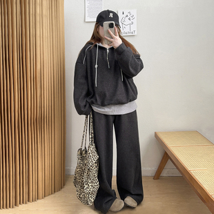 两件套潮 时髦假两件拼接连帽卫衣胖mm休闲显瘦弯刀裤 宛宛大码 女装