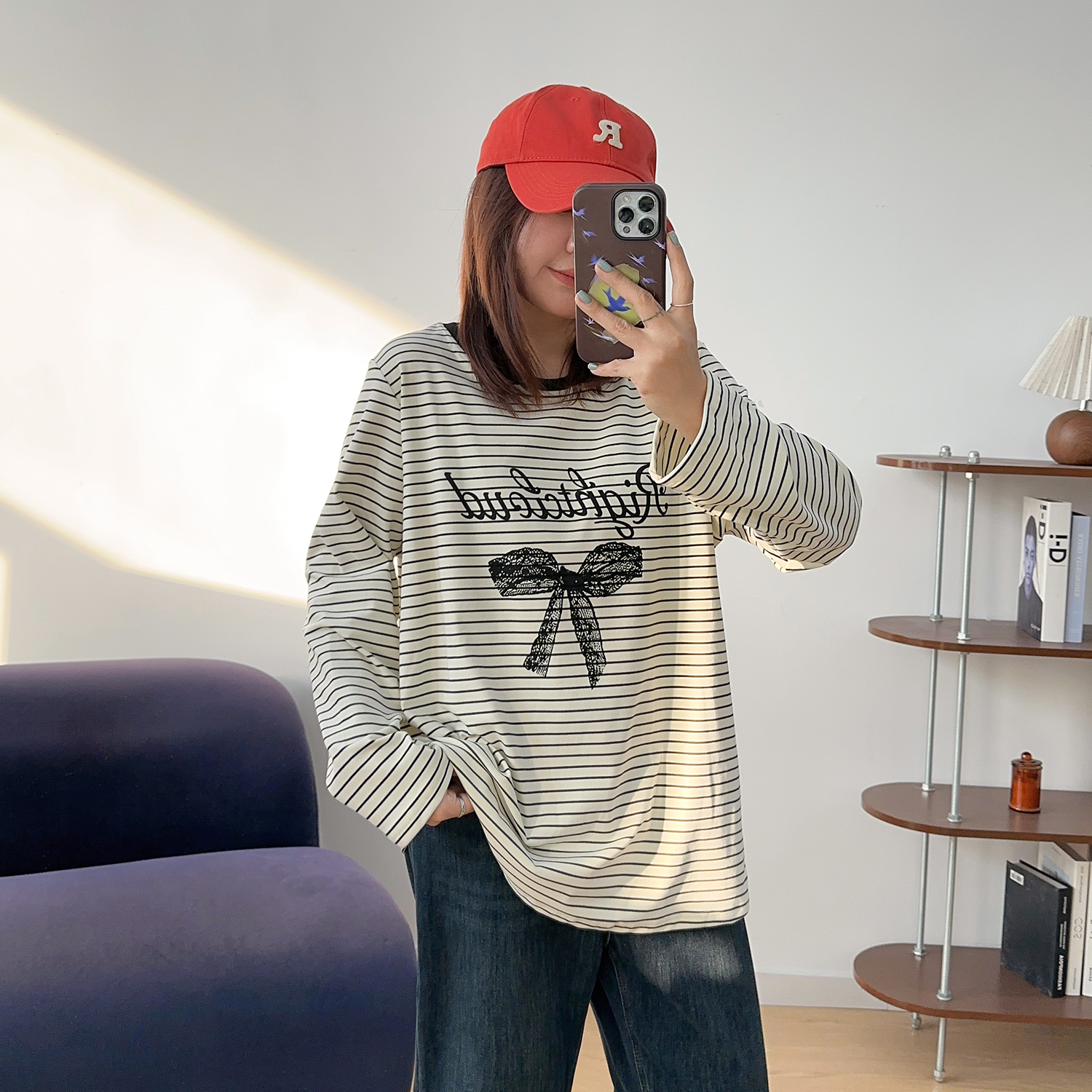 宛宛大码胖mm正肩卡通条纹磨毛德绒长袖t恤女秋冬新款ins内搭上衣