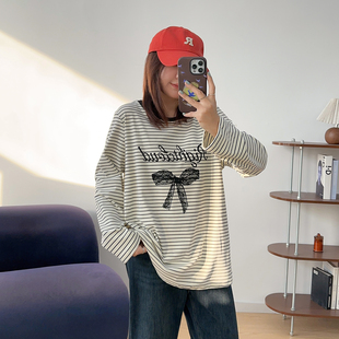 ins内搭上衣 t恤女秋冬新款 宛宛大码 胖mm正肩卡通条纹磨毛德绒长袖