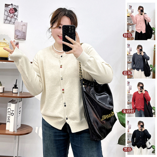 女毛衣外套显瘦上衣ins潮 胖mm彩色纽扣针织开衫 春秋2024新款 大码