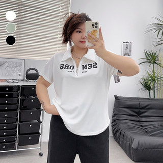 大码女装微胖休闲上衣夏季新款胖mm苹果型身材polo领正肩短袖T恤