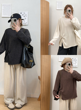 宛宛大码女装胖mm不规则打结T恤衫秋冬新款打底宽松针织内搭上衣