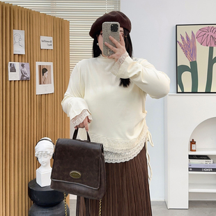 大码 加绒内搭打底衫 胖mm设计感蕾丝花边T恤显瘦上衣女 法式 秋冬季