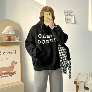 连帽卫衣2024秋冬新款 中长款 胖mm遮肚子宽松字母上衣外套 女装 大码