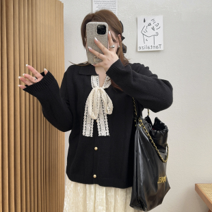 宛宛大码胖mm秋季新款设计感蕾丝系带针织毛衣宽松显瘦开衫上衣女