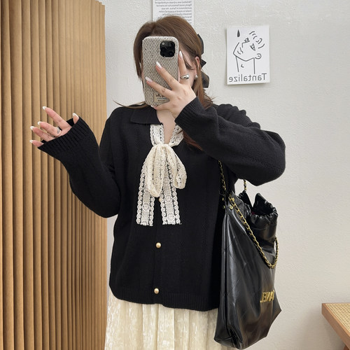 宛宛大码胖mm秋季新款设计感蕾丝系带针织毛衣宽松显瘦开衫上衣女