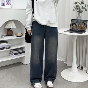 女胖mm高腰显瘦梨形身材宽松直筒裤 秋季 复古蓝阔腿牛仔裤 美式 大码