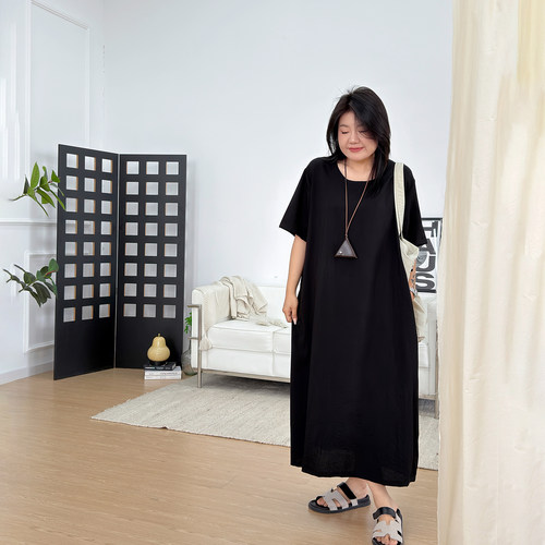 宛宛大码女装微胖妹妹mm夏季新款圆领半截短袖棉麻蓝色基础连衣裙