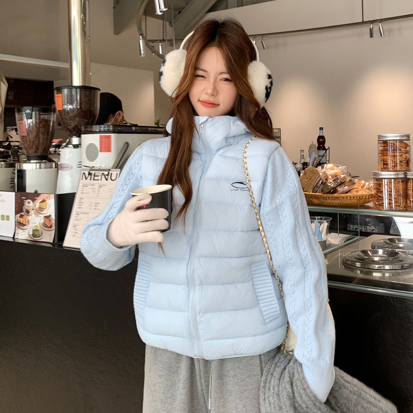 立领短款棉服女冬季保暖小个子面包服外套蓝色棉袄