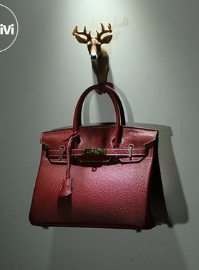 Airvivi-21074C-真皮铂金包 荔枝纹头层牛皮酒红色女包手提包时尚