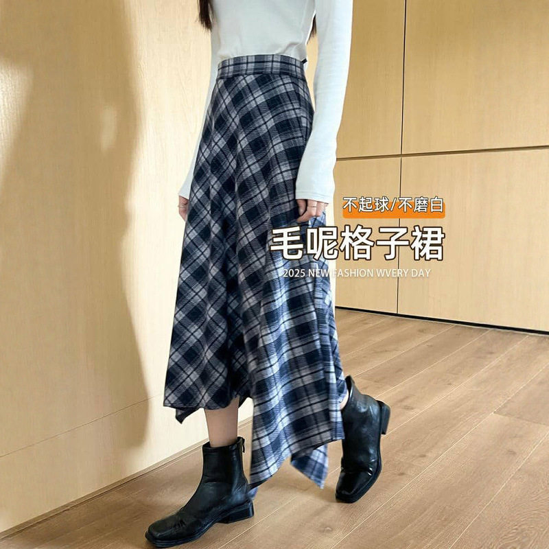 复古格子不规则半身裙女秋冬季高腰显瘦宽松a字英伦风大摆中长裙
