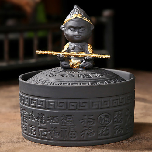 百福紫砂烟灰缸带盖防飞灰高档