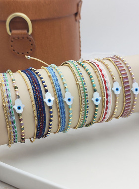 天然碧玺编织串珠幸运恶魔之眼手链女欧美哥伦比亚风织带叠戴手绳