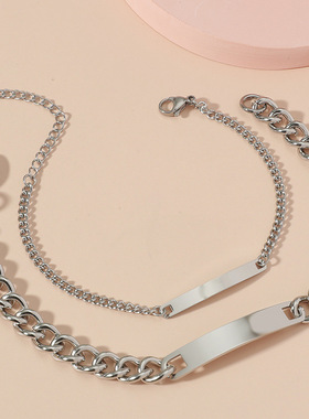 个性简约光面不锈钢情侣手链 几何长条弯牌刻字男女手链 欧美时尚