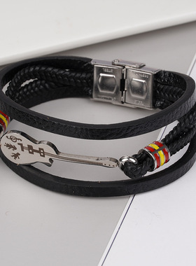 欧美时尚男士复古真皮不锈刚男士吉他多层编织皮绳黑色送男友手镯