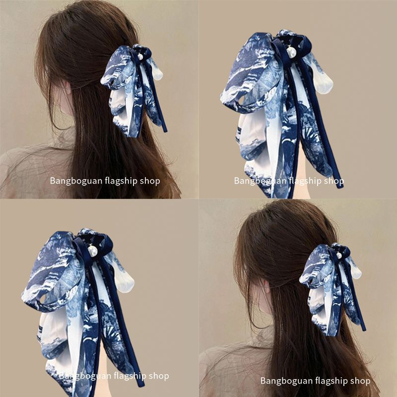 国风青花瓷蝴蝶结抓夹新款后脑勺半扎发发抓古风水墨飘带发夹头饰