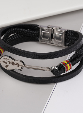 欧美男士复古时尚真皮不锈刚男士吉他多层编织皮绳黑色送男友手镯