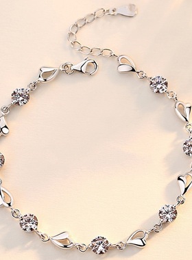 日韩甜蜜心扉蓝水晶镀925银手链女心形简约心心相印手饰