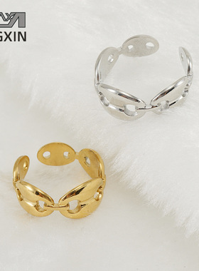 新款欧美猪鼻子咖啡豆开口活口钛钢戒指女18K不锈钢简约ins戒圈女