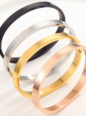 跨境爆款光面卡扣不锈钢手镯 玫瑰金钛钢情侣手环女刻字