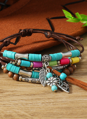 跨境热销新款女士手链手工编织树叶小花帽子牛头手串工厂现货