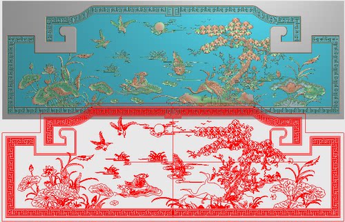 精雕图床高屏荷花鸳鸯松鹤新款花鸟大背板浮雕图檀雕鸟莲花灰度图