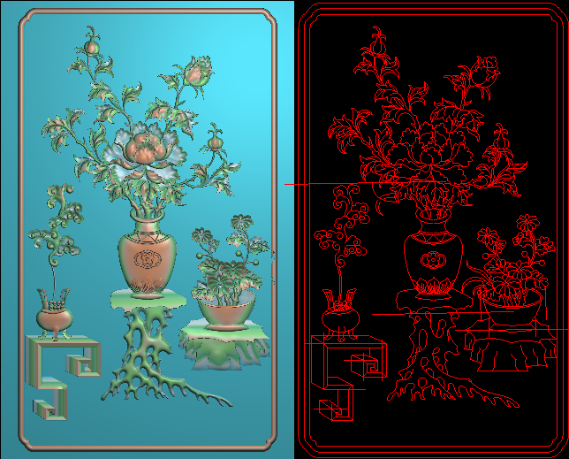 背板花瓶牡丹雕刻图