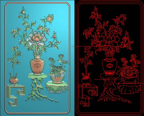 背板花瓶牡丹雕刻图