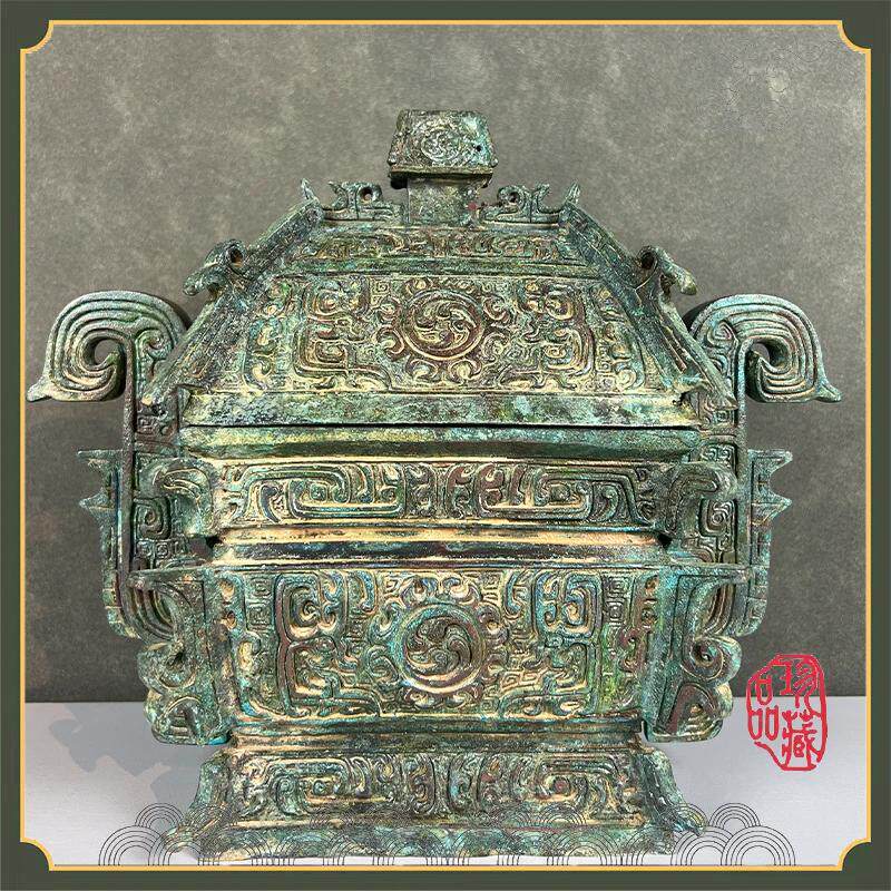 仿古蠡方彝装饰铜摆件青铜器仿古容酒器纯手工博古架办公桌乔迁