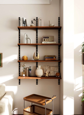 栖格墙上书架置物架中古风胡桃木色支持定制储物间收纳层高可调节