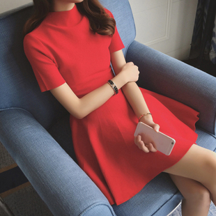 连衣裙夏打底裙红色气质洋气半高领小黑裙修身收腰中长款荷叶边裙